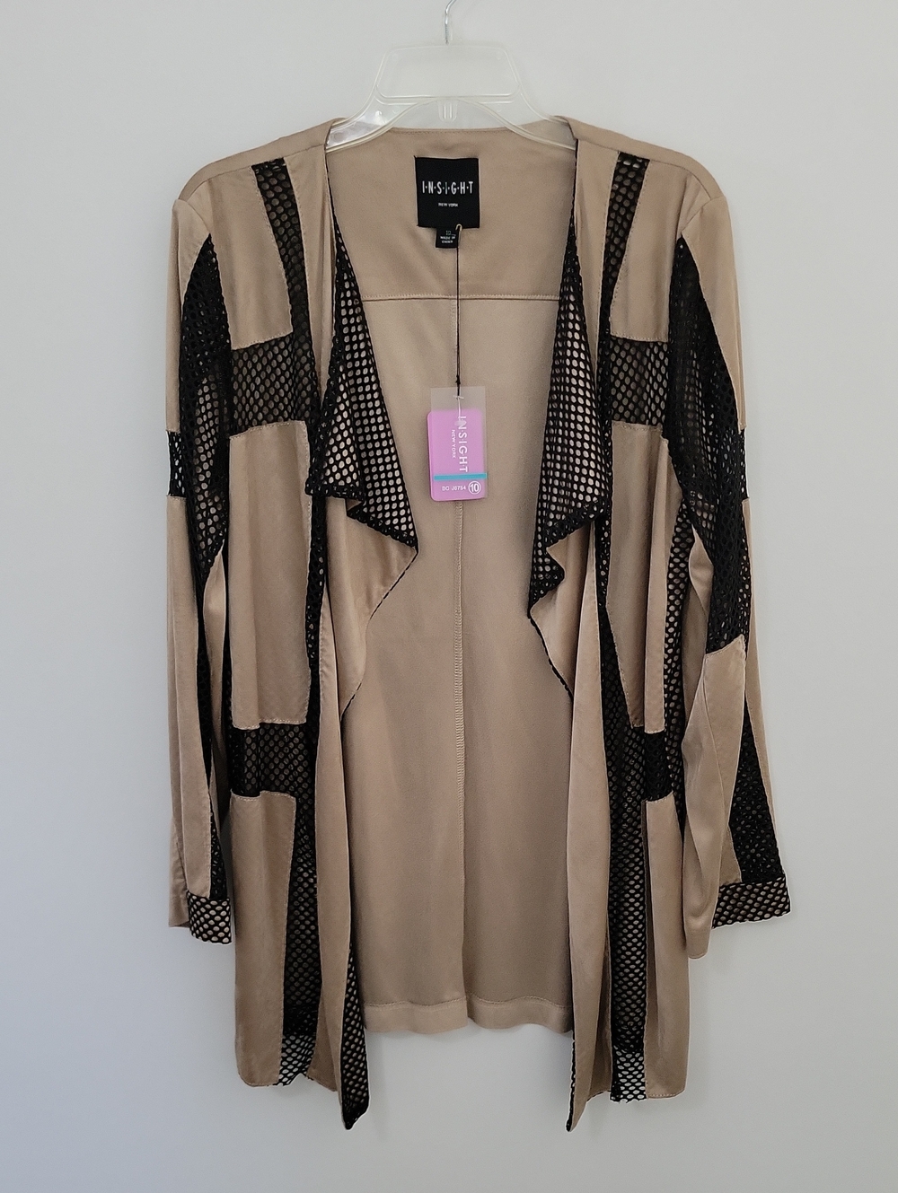 Insight Taupe & Black Mesh Draped Open Cardigan, Size 10